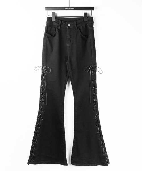 me+em select(ミームセレクト)の「【 新サイズ追加4size/2color 】レースアップカットアウトストレッチフレアデニム / lace up cutout stretch flare denim(デニムパンツ・レディース・ブラック/ブルー・SMALL/LARGE/MEDIUM/X-SMALL)」の7枚目の写真