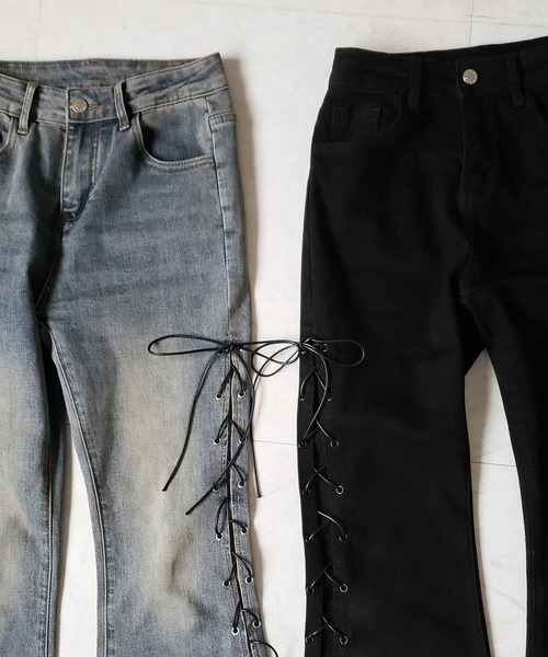 me+em select(ミームセレクト)の「【 新サイズ追加4size/2color 】レースアップカットアウトストレッチフレアデニム / lace up cutout stretch flare denim(デニムパンツ・レディース・ブラック/ブルー・SMALL/LARGE/MEDIUM/X-SMALL)」の5枚目の写真