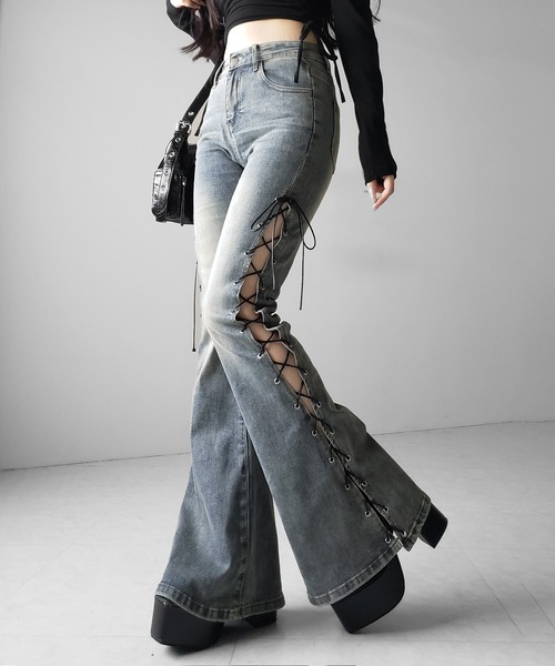 新サイズ追加4size／2color 】レースアップカットアウトストレッチ