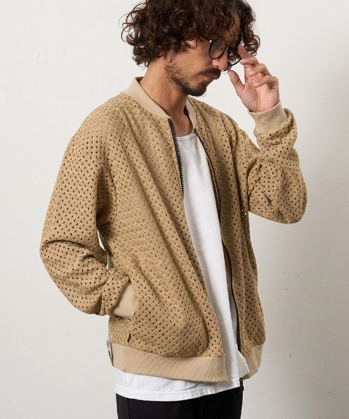 STUD MUFFIN(スタッドマフィン)の「mj11232-コットンラッセルメッシュ ハンドニットワッペンビックジップブルゾン(614-09217)(ブルゾン・メンズ・ベージュ/ブラック・2/3/4)」の6枚目の写真