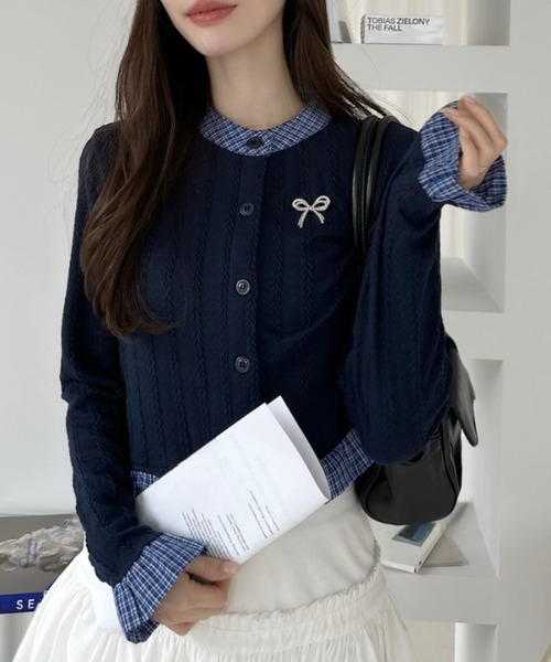 セール】バイカラー フリル リボン ニット カーディガン（カーディガン