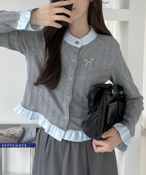 セール】バイカラー フリル リボン ニット カーディガン（カーディガン