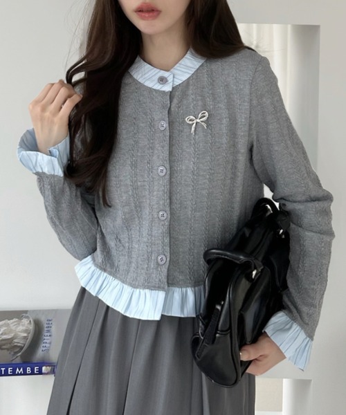 Ada.(エイダ)の「バイカラー フリル リボン ニット カーディガン(カーディガン/ボレロ・レディース・ネイビー/グレー/ホワイト・FREE)」の18枚目の写真
