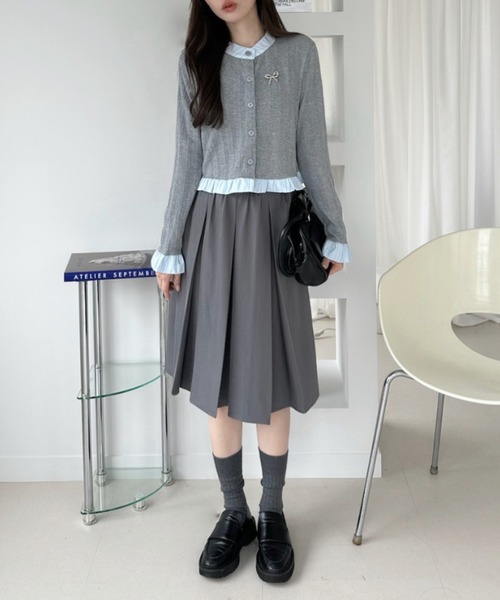 セール】バイカラー フリル リボン ニット カーディガン（カーディガン