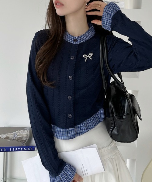 セール】バイカラー フリル リボン ニット カーディガン（カーディガン