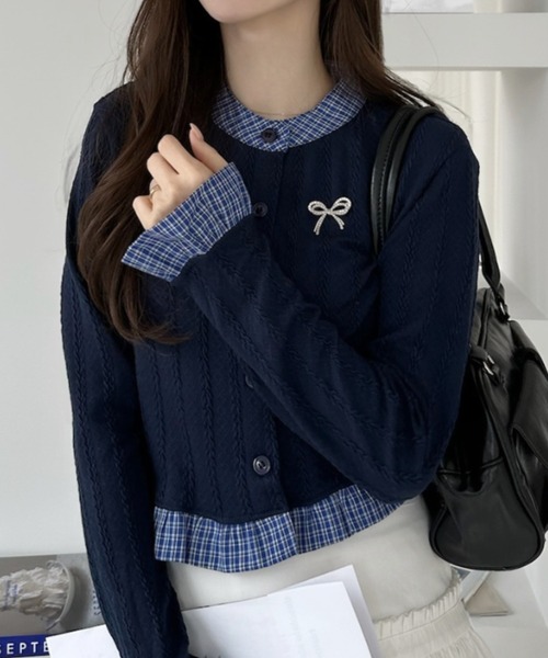 Ada.(エイダ)の「バイカラー フリル リボン ニット カーディガン(カーディガン/ボレロ・レディース・ネイビー/グレー/ホワイト・FREE)」の9枚目の写真
