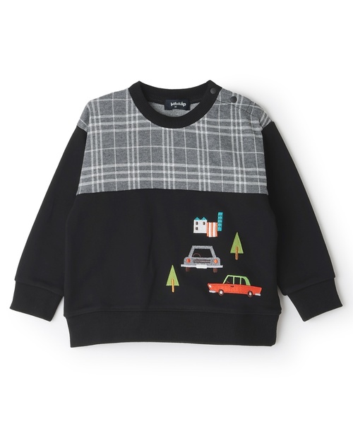 kladskap(クレードスコープ)の「車刺しゅうチェック切替トレーナー(スウェット・キッズ・オレンジ/ブラック・80cm/90cm/100cm/110cm/120cm/130cm)」の1枚目の写真