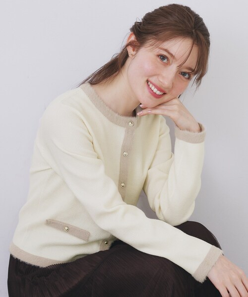 セール】フェザーバイカラークルーネックカーディガン【洗濯機OK