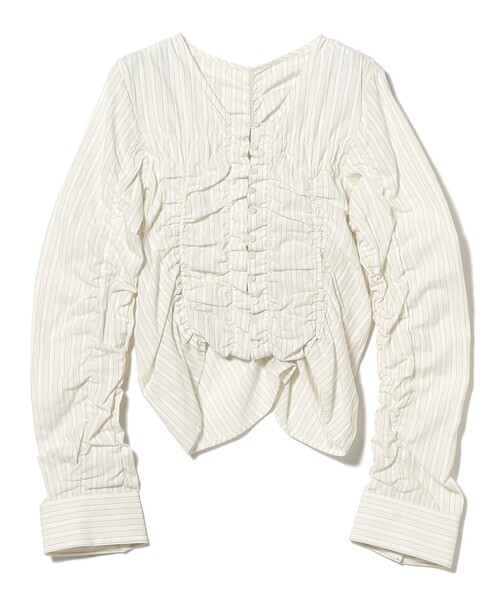 Ray BEAMS（レイビームス）の「ストライプ シャーリング Vネック ブラウス（シャツ/ブラウス・レディース・ブルー/オフホワイト・ONE SIZE）」の16枚目の写真