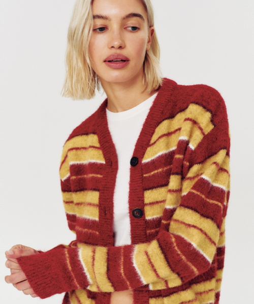 MOODBETTER(ムード ベター)の「HAIRY STRIPE KNIT CARDIGAN RED(カーディガン/ボレロ・レディース・その他・FREE)」の1枚目の写真