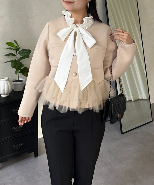 prose verse（プロズヴェール）の「チュールフリルダンボールVネックジャケット（その他アウター・レディース・ベージュ/ブラック・MEDIUM/LARGE）」の13枚目の写真