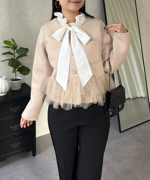 prose verse（プロズヴェール）の「チュールフリルダンボールVネックジャケット（その他アウター・レディース・ベージュ/ブラック・MEDIUM/LARGE）」の14枚目の写真