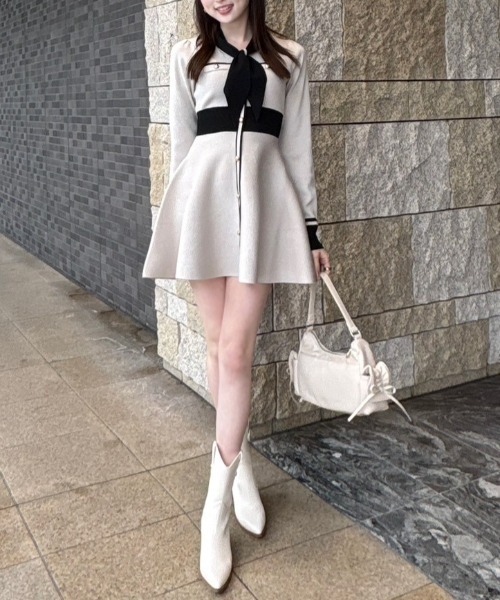 バイカラーミニニットワンピース 春服（ワンピース）｜rienda