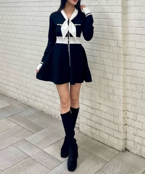 バイカラーミニニットワンピース 春服（ワンピース）｜rienda