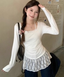 レースレイヤード風 フェミニンロングスリーブトップス