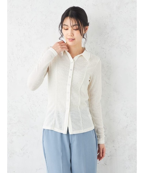 HARUYAMA(ハルヤマ)の「シアーワッフルポロカーディガン / ポコポコ襟付きトップス【Emilyan】(Tシャツ/カットソー・レディース・ライトグレー/ホワイト/イエロー/ブルー・F)」の2枚目の写真