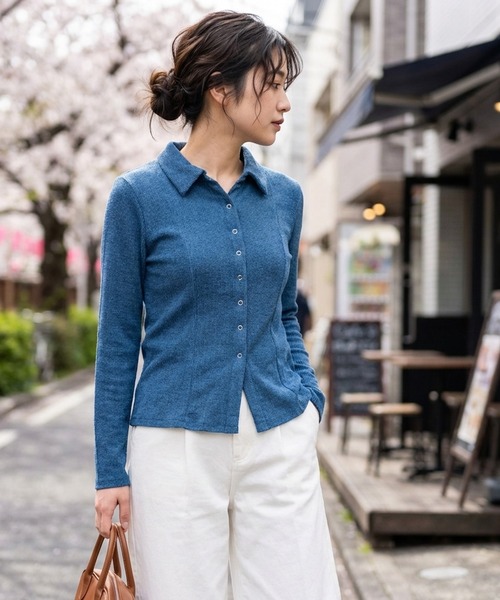 HARUYAMA(ハルヤマ)の「シアーワッフルポロカーディガン / ポコポコ襟付きトップス【Emilyan】(Tシャツ/カットソー・レディース・ライトグレー/ホワイト/イエロー/ブルー・F)」の1枚目の写真