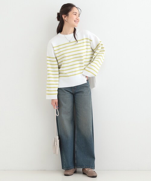 SHOO・LA・RUE（シューラルー）の「まるでTシャツ 大人カジュアルコーデに最適なボーダーニット（ニット/セーター・レディース・ネイビー系2/スモーキーグリーン系3/ライトパープル・00）」の6枚目の写真