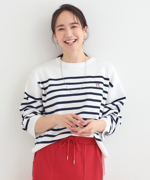 SHOO・LA・RUE（シューラルー）の「まるでTシャツ 大人カジュアルコーデに最適なボーダーニット（ニット/セーター・レディース・ネイビー系2/スモーキーグリーン系3/ライトパープル・00）」の12枚目の写真