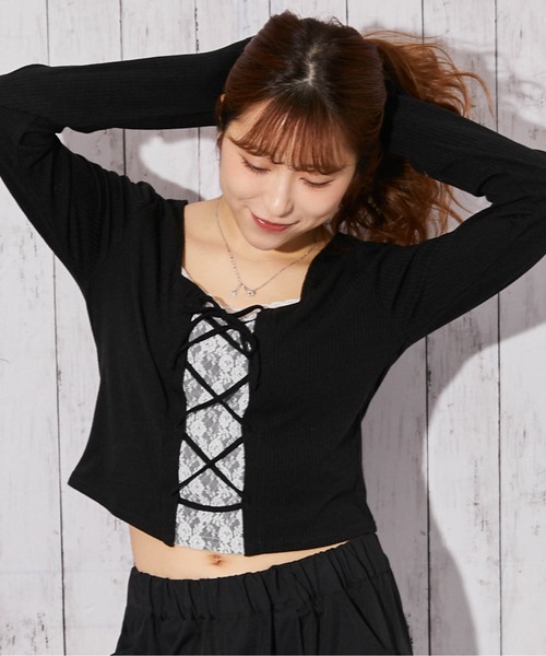 GORGE(ゴージ)の「《レースアップ・クロップド》カットソー/Y2K×ガーリー/春夏秋/全3色(Tシャツ/カットソー・レディース・ブラック/オフホワイト/グレー・F)」の6枚目の写真