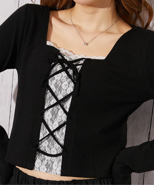 GORGE(ゴージ)の「《レースアップ・クロップド》カットソー/Y2K×ガーリー/春夏秋/全3色(Tシャツ/カットソー・レディース・ブラック/オフホワイト/グレー・F)」の9枚目の写真