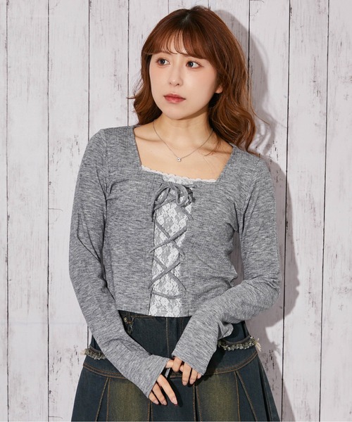 GORGE(ゴージ)の「《レースアップ・クロップド》カットソー/Y2K×ガーリー/春夏秋/全3色(Tシャツ/カットソー・レディース・ブラック/オフホワイト/グレー・F)」の10枚目の写真