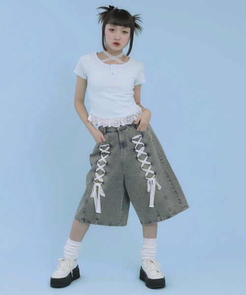 ANAP GiRL(アナップガール)の「スピンドル レース デニム ハーフパンツ(デニムパンツ・キッズ・ブルー/ブラック・XS/M/S)」の12枚目の写真