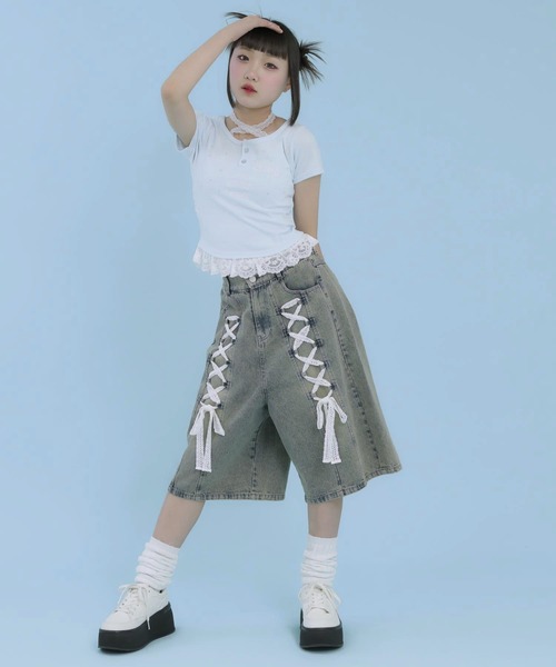ANAP GiRL(アナップガール)の「スピンドル レース デニム ハーフパンツ(デニムパンツ・キッズ・ブルー/ブラック・XS/M/S)」の13枚目の写真