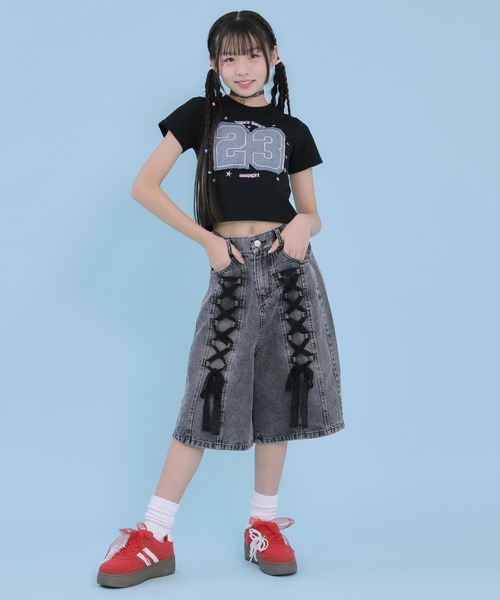 ANAP GiRL(アナップガール)の「スピンドル レース デニム ハーフパンツ(デニムパンツ・キッズ・ブルー/ブラック・XS/M/S)」の15枚目の写真