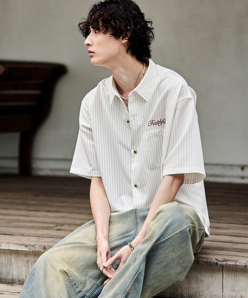 Bleme（ブレム）の「刺繍ロゴ ストライプ半袖シャツ（シャツ/ブラウス・メンズ・ライトブルー/オフホワイト/ネイビー・S/M/L/XL）」の6枚目の写真