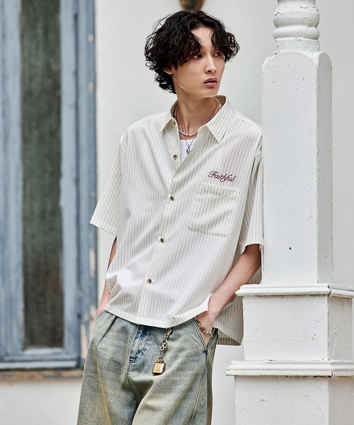 Bleme（ブレム）の「刺繍ロゴ ストライプ半袖シャツ（シャツ/ブラウス・メンズ・ライトブルー/オフホワイト/ネイビー・S/M/L/XL）」の8枚目の写真