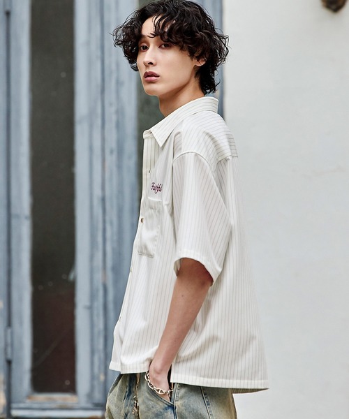 Bleme（ブレム）の「刺繍ロゴ ストライプ半袖シャツ（シャツ/ブラウス・メンズ・ライトブルー/オフホワイト/ネイビー・S/M/L/XL）」の9枚目の写真