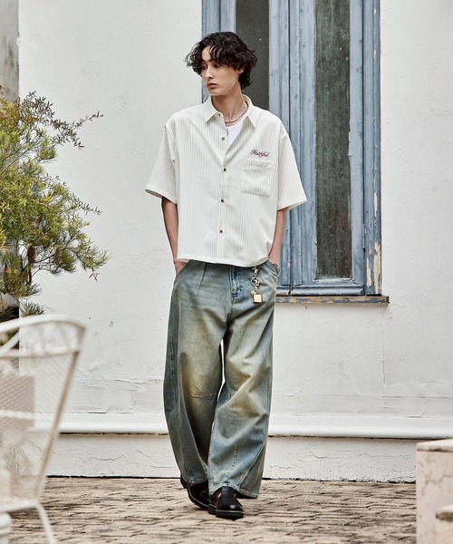 Bleme（ブレム）の「刺繍ロゴ ストライプ半袖シャツ（シャツ/ブラウス・メンズ・ライトブルー/オフホワイト/ネイビー・S/M/L/XL）」の10枚目の写真