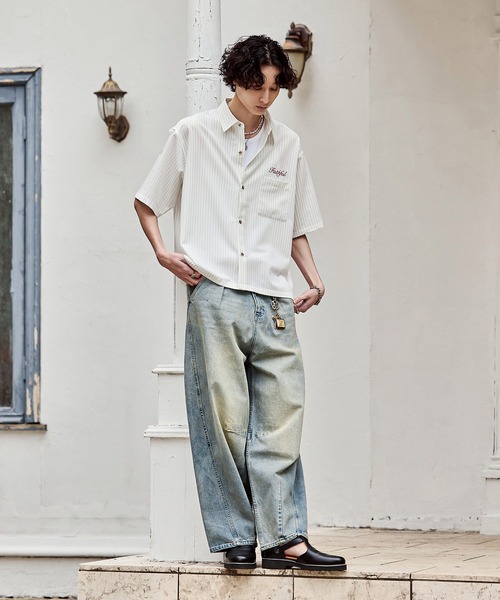 Bleme（ブレム）の「刺繍ロゴ ストライプ半袖シャツ（シャツ/ブラウス・メンズ・ライトブルー/オフホワイト/ネイビー・S/M/L/XL）」の11枚目の写真