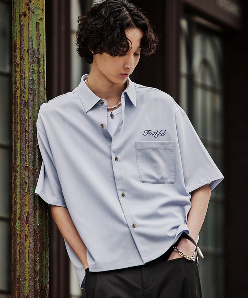 Bleme（ブレム）の「刺繍ロゴ ストライプ半袖シャツ（シャツ/ブラウス・メンズ・ライトブルー/オフホワイト/ネイビー・S/M/L/XL）」の14枚目の写真