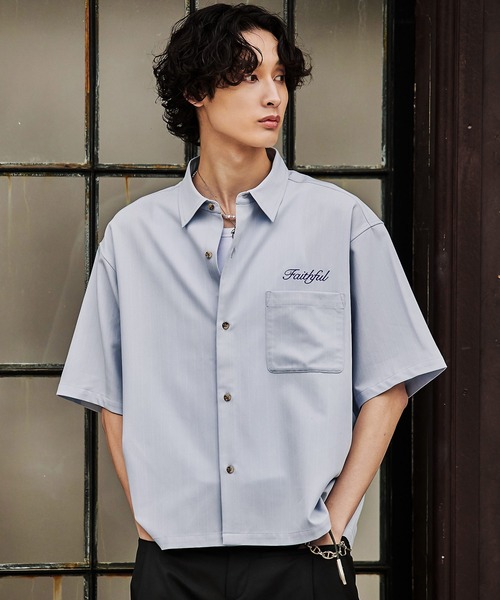 Bleme（ブレム）の「刺繍ロゴ ストライプ半袖シャツ（シャツ/ブラウス・メンズ・ライトブルー/オフホワイト/ネイビー・S/M/L/XL）」の15枚目の写真