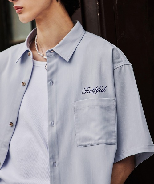 Bleme（ブレム）の「刺繍ロゴ ストライプ半袖シャツ（シャツ/ブラウス・メンズ・ライトブルー/オフホワイト/ネイビー・S/M/L/XL）」の16枚目の写真