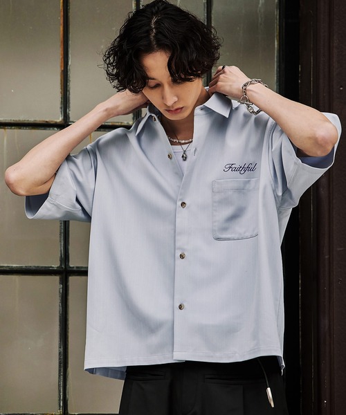 Bleme（ブレム）の「刺繍ロゴ ストライプ半袖シャツ（シャツ/ブラウス・メンズ・ライトブルー/オフホワイト/ネイビー・S/M/L/XL）」の17枚目の写真