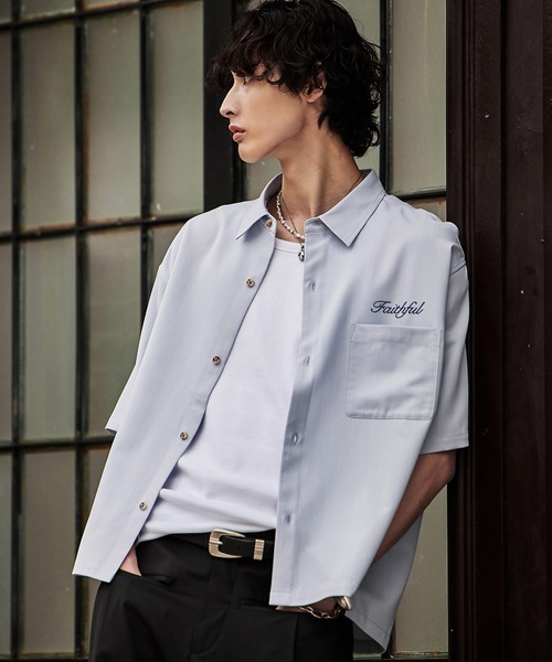 Bleme（ブレム）の「刺繍ロゴ ストライプ半袖シャツ（シャツ/ブラウス・メンズ・ライトブルー/オフホワイト/ネイビー・S/M/L/XL）」の18枚目の写真