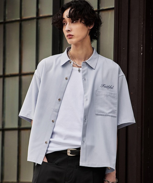 Bleme（ブレム）の「刺繍ロゴ ストライプ半袖シャツ（シャツ/ブラウス・メンズ・ライトブルー/オフホワイト/ネイビー・S/M/L/XL）」の19枚目の写真