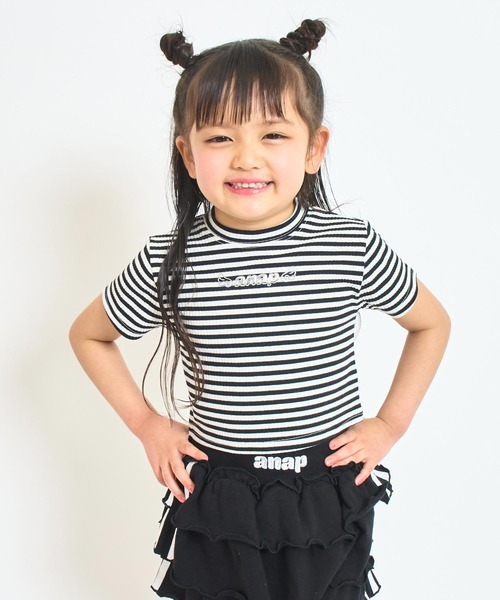 ANAP kids（アナップキッズ）の「*メタルシルバーエンジェルロゴリブトップス（Tシャツ/カットソー・キッズ・ホワイト/ブラック/ホワイト×ブラック/マルチ・120/110/130）」の2枚目の写真