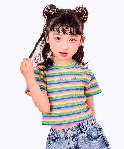 ANAP kids（アナップキッズ）の「*メタルシルバーエンジェルロゴリブトップス（Tシャツ/カットソー・キッズ・ホワイト/ブラック/ホワイト×ブラック/マルチ・120/110/130）」の4枚目の写真