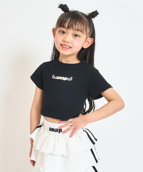 ANAP kids（アナップキッズ）の「*メタルシルバーエンジェルロゴリブトップス（Tシャツ/カットソー・キッズ・ホワイト/ブラック/ホワイト×ブラック/マルチ・120/110/130）」の3枚目の写真
