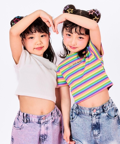 ANAP kids（アナップキッズ）の「*メタルシルバーエンジェルロゴリブトップス（Tシャツ/カットソー・キッズ・ホワイト/ブラック/ホワイト×ブラック/マルチ・120/110/130）」の5枚目の写真