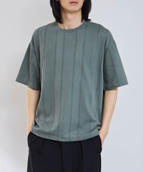 URBAN COLLECTION（アーバンコレクション）の「【URBANCOLLECTION/アーバンコレクション】ローゲージ ジャガード ストライプ ボックスシルエット クルーネック 半袖Tシャツ（Tシャツ/カットソー・メンズ・ブラック/グリーン/ホワイト・XL/L/M/S）」の3枚目の写真