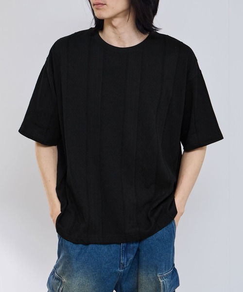 URBAN COLLECTION（アーバンコレクション）の「【URBANCOLLECTION/アーバンコレクション】ローゲージ ジャガード ストライプ ボックスシルエット クルーネック 半袖Tシャツ（Tシャツ/カットソー・メンズ・ブラック/グリーン/ホワイト・XL/L/M/S）」の2枚目の写真