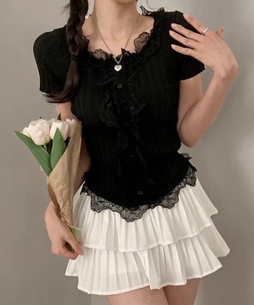 Alvia(アルビア)の「レースフリルドッキングニット(ニット/セーター・レディース・ピンク/ホワイト/ブラック・M)」の2枚目の写真