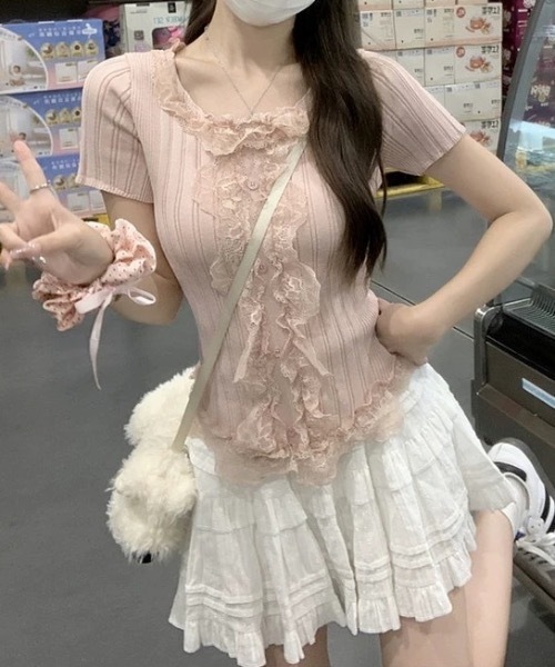 Alvia(アルビア)の「レースフリルドッキングニット(ニット/セーター・レディース・ピンク/ホワイト/ブラック・M)」の10枚目の写真