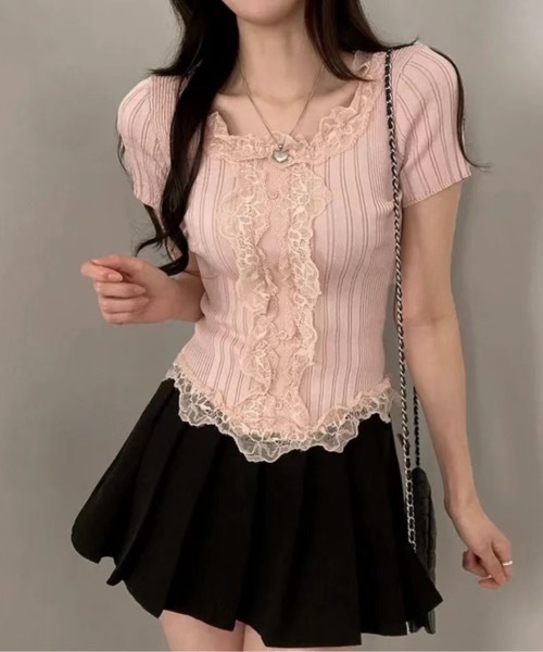 Alvia(アルビア)の「レースフリルドッキングニット(ニット/セーター・レディース・ピンク/ホワイト/ブラック・M)」の12枚目の写真