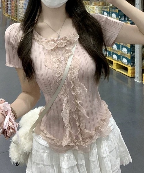 Alvia(アルビア)の「レースフリルドッキングニット(ニット/セーター・レディース・ピンク/ホワイト/ブラック・M)」の11枚目の写真